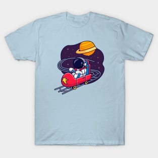 Cute Astronaut Riding Rollercoster In Space Cartoon T-Shirt